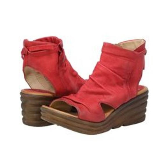 MIZ MOOZ ANNA RUCHED LEATHER OPEN -TOE. WEDGE, shoe BOOT, Sandals, scarlet red - Picture 4 of 11